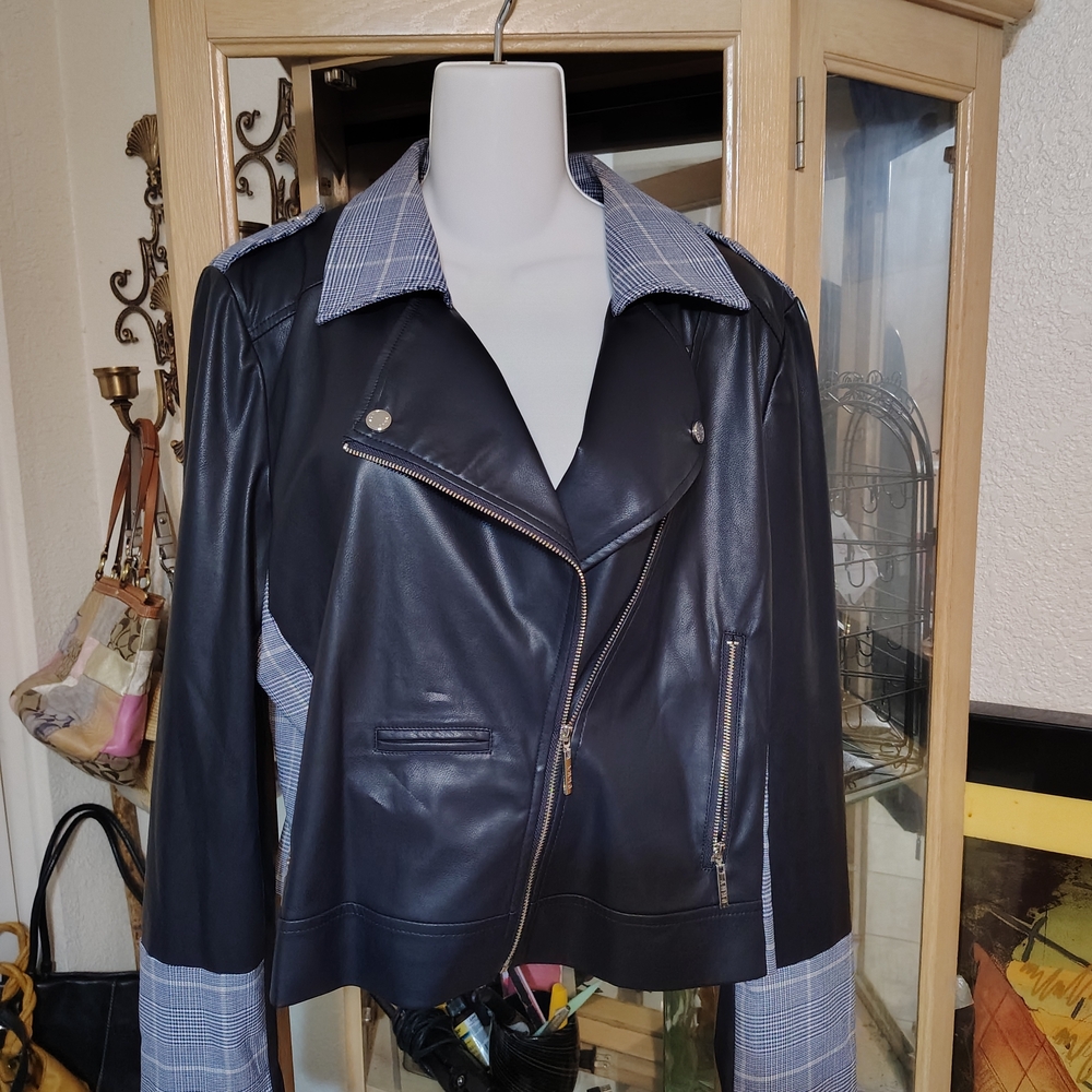 Donna Karan Black Leather Jacket with Blue Plaid Accents